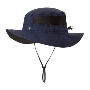 Columbia Bora Bora Booney Hat with wide brim, embroidered logo, and adjustable drawcord for sun protection and comfort.