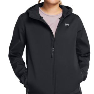 A woman modeling a black Under Armour hoodie, designed for comfort, performance, and everyday wear.