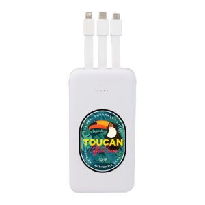 A sleek 5,000 mAh power bank with integrated charging cables and multiple output options, perfect for charging smartphones and other devices on the go.