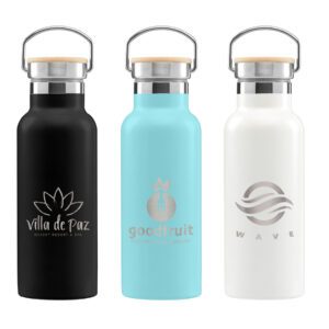 Three sleek water bottles engraved with a custom logo, showcasing high-quality branding on durable drinkware
