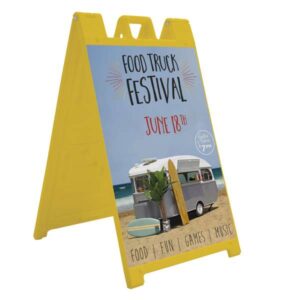 A durable, weather-resistant A-frame sign with custom-printed graphics, perfect for outdoor advertising and promotions.