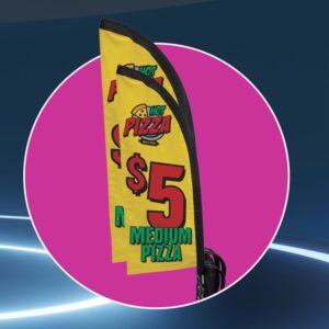 A 9-foot flying banner promoting $5 pizza, designed for eye-catching outdoor advertising and business promotions