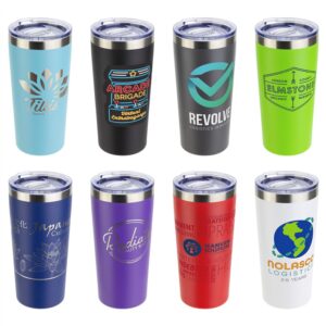 A set of eight tumblers in various vibrant colors, perfect for custom branding and everyday use.